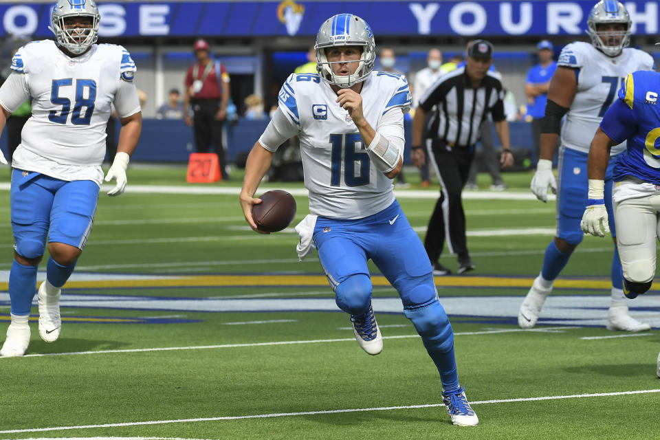 Detroit Lions quarterback Jared Goff scrambles during the first half of an NFL football game against the Los Angeles Rams Sunday, Oct. 24, 2021, in Inglewood, Calif. (AP Photo/Kevork Djansezian)