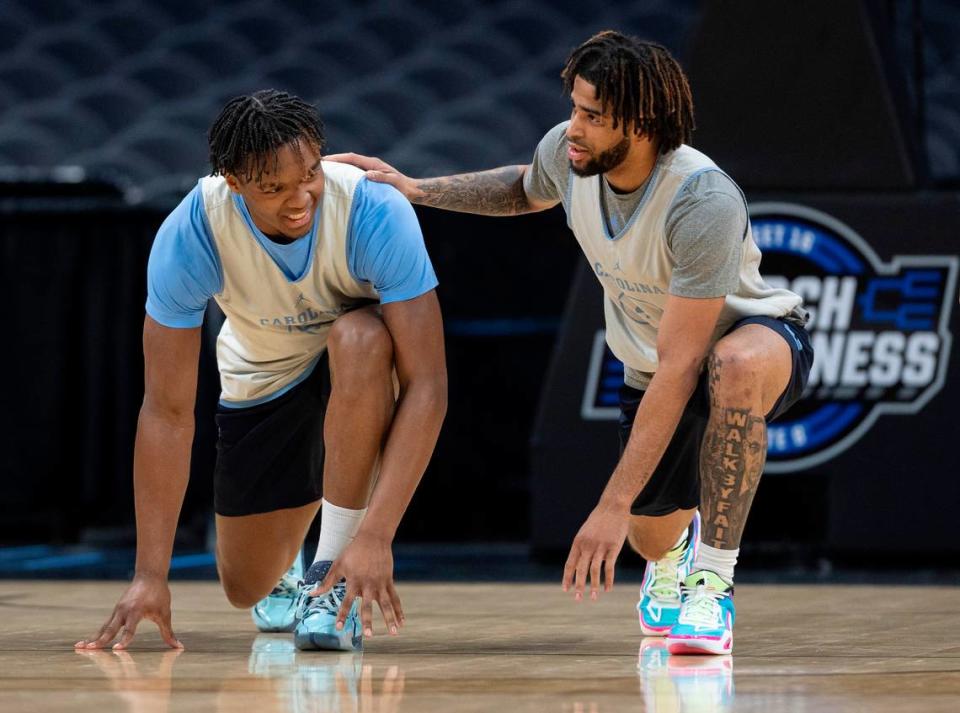 North Carolina’s R.J. Davis (4) talks with teammate Harrison Ingram (55) during the Tar Heels’ open practice on Wednesday, March 27, 2024 at Crypto.com Arena in Los Angeles, CA.