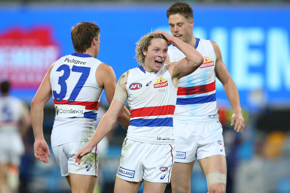 Cody Weightman (pictured0 celebrates a goal during the AFL semi final match.