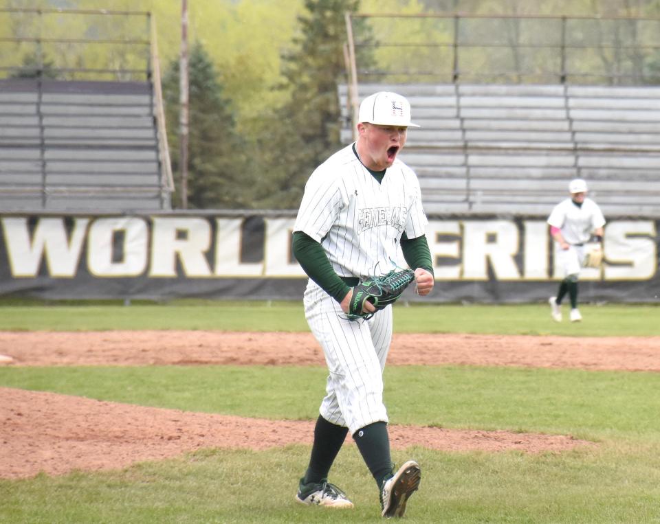 Herkimer College General Ethan Patch reacts as he walks off the Veterans Memorial Park mound after getting a called third strike for the final out of a May 9, 2021, game. Patch is scheduled to start the Generals' first game on that same mound at the 2022 Region III Final Four Thursday.