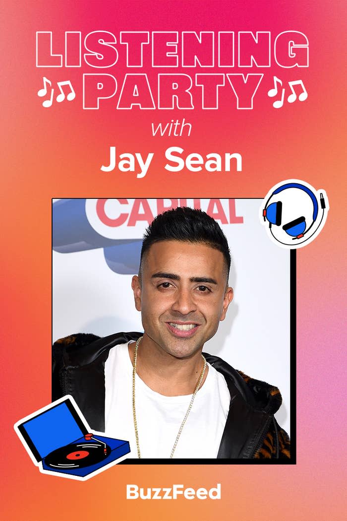 Promotional image for Jay Sean's Listening Party with BuzzFeed logo and icons of headphones and music player