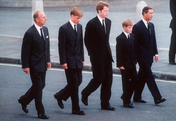 Prince Philip, Prince William, Earl Spencer, Prince Harry and Prince Charles at Princess Diana's funeral in 1997<p>Anwar Hussein/Getty Images</p>