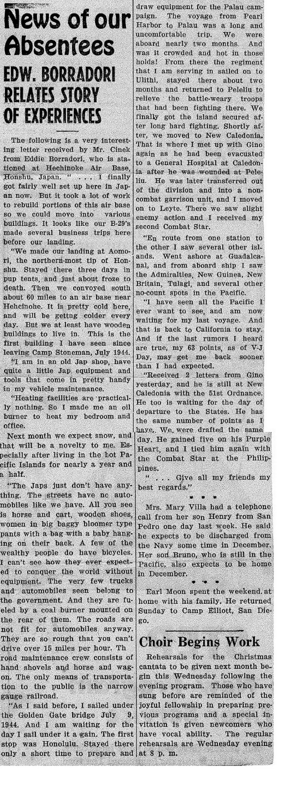 A clipping in a book bought on EBay and shipped to a historian in Japan has shed some light back home on the World War II experiences of Edward “Eddie” Borradori of Cayucos.