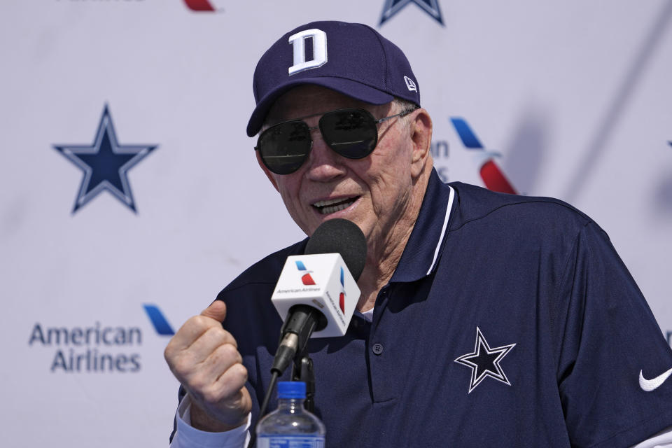 Dallas Cowboys owner Jerry Jones speaks to reporters during a news conference ahead of the NFL football team's training camp Tuesday, July 25, 2023, in Oxnard, Calif. (AP Photo/Mark J. Terrill)