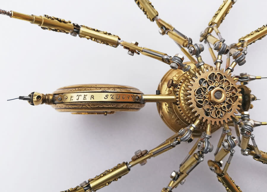 Hungarian artist, Peter Szucsy, makes stunning "steampunk spiders" out of antique watch parts.