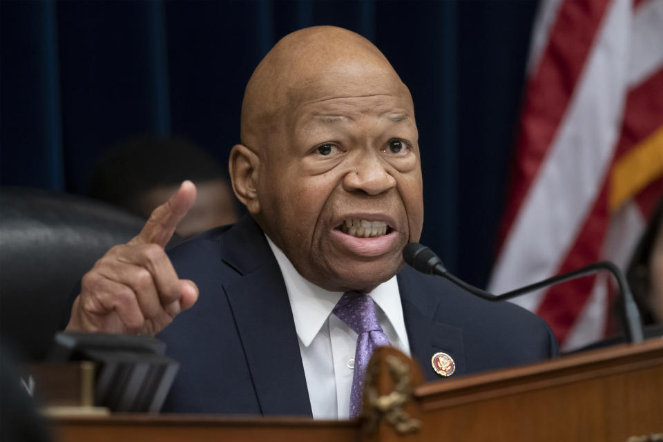 FILE - In this April 2, 2019, file photo, House Oversight and Reform Committee Chair Elijah Cummings, D-Md., speaks on Capitol Hill in Washington. Cummings says the White House is now in “open defiance” of his panel after lawyers advised a former official to resist a subpoena related to the committee’s investigation of White House security clearances. (AP Photo/J. Scott Applewhite)