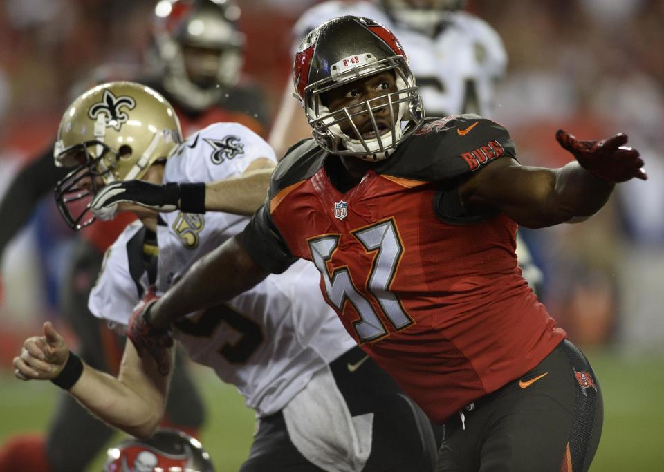 Tampa Bay Buccaneers defensive end Noah Spence (57) put on 35 pounds this offseason with a huge daily calorie intake. (AP)