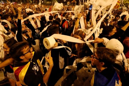 Separatists protest after a verdict in a trial over a banned Catalonia's independence referendum in Barcelona