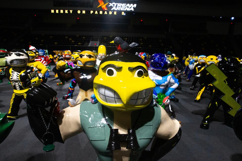 Birds of a Feather Herky is pictured Monday, April 29, 2024 at Xtream Arena in Coralville, Iowa.