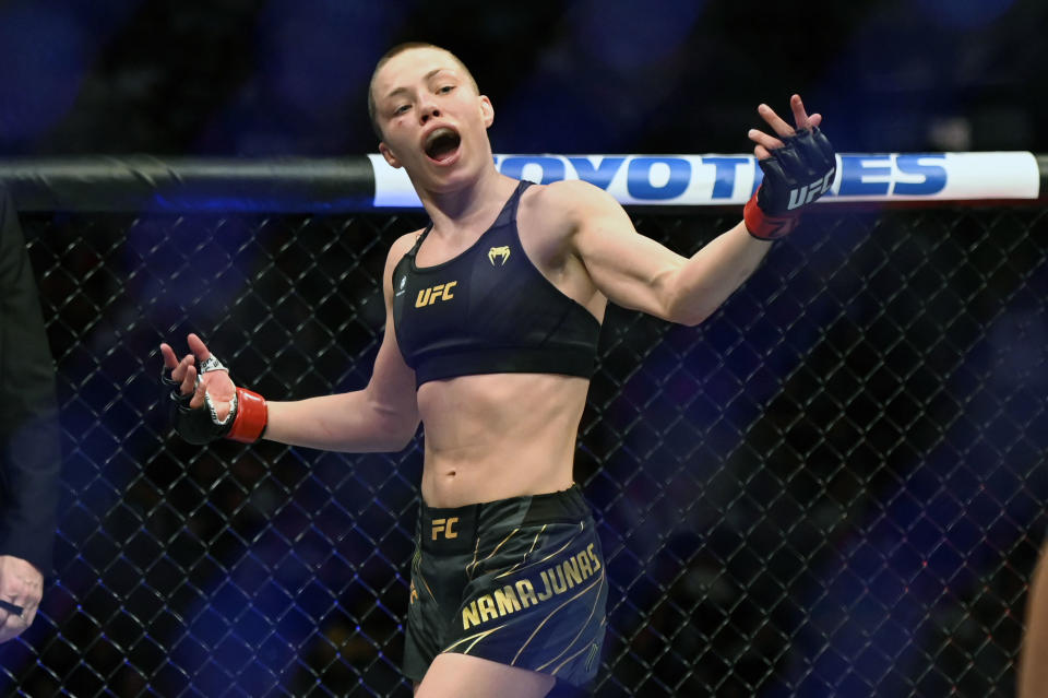 Phoenix, AZ - May 07: Rose Namajunas reacts at the end of the fifth round during her fight against Carla Esparza during UFC 274 at Footprint Center in Phoenix, Arizona Saturday, May 7, 2022. Esparza won by decision to become the new womens strawweight champion (Photo by Hans Gutknecht/MediaNews Group/Los Angeles Daily News via Getty Images)