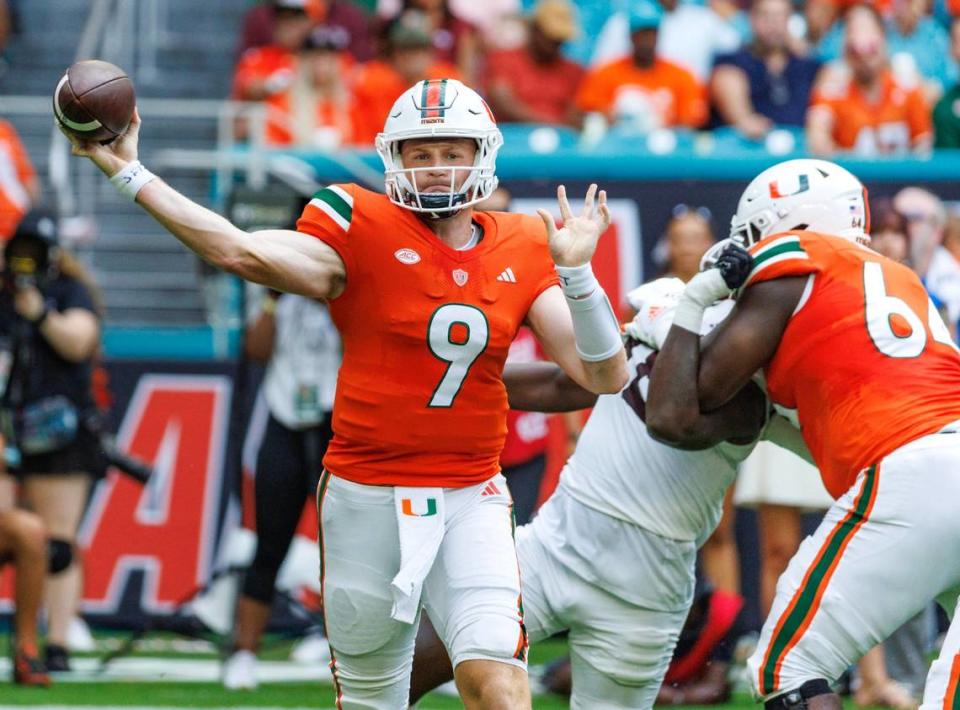 Miami Hurricanes quarterback Tyler Van Dyke (9) throws a pass against Texas A&M during the first quarter of an NCAA non conference game at Hard Rock Stadium on Saturday, Sept. 9, 2023 in Miami Gardens, Florida.