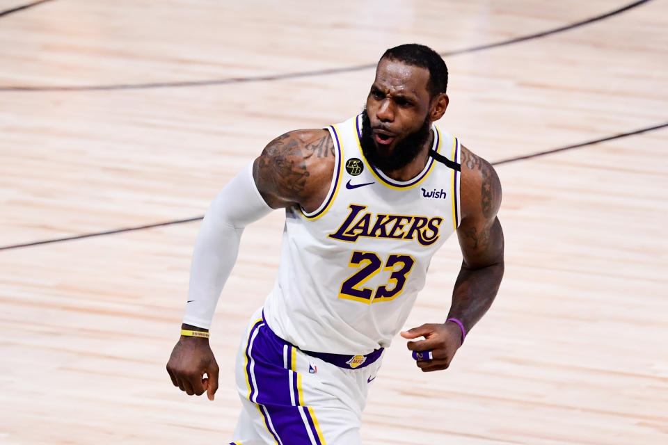 LeBron James of the Los Angeles Lakers reacts during the fourth quarter against the Miami Heat in Game 6 of the 2020 NBA Finals on Oct. 11. (Douglas P. DeFelice/Getty Images)