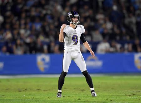 FILE PHOTO - Dec 22, 2018; Carson, CA, USA; Baltimore Ravens kicker Justin Tucker (9) celebrates after a 56-yard field goal in the third quarter against the Los Angeles Chargers at StubHub Center. The Ravens defeated the Chargers 22-10. Mandatory Credit: Kirby Lee-USA TODAY Sports