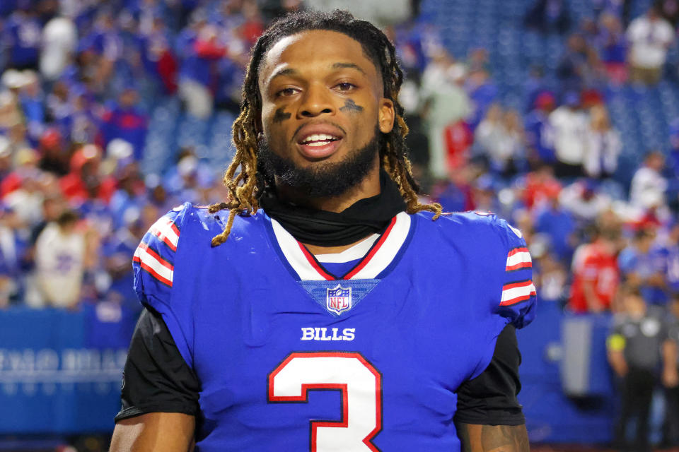 ORCHARD PARK, NY - SEPTEMBER 19: Damar Hamlin #3 of the Buffalo Bills after a game against the Tennessee Titans at Highmark Stadium on September 19, 2022 in Orchard Park, New York. (Timothy T Ludwig / Getty Images file)