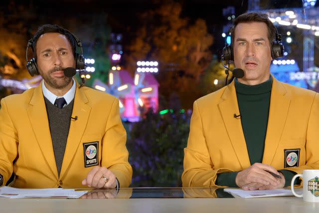 <p>ABC</p> Joe Tessitore and Rob Riggle provide commentary on ‘Holey Moley’