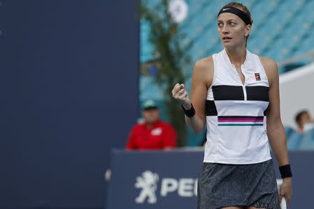 Mar 21, 2019; Miami Gardens, FL, USA; Petra Kvitova of Czech Republic reacts after match point against Maria Sakkari of Greece (not pictured) in the first round of the Miami Open at Miami Open Tennis Complex. Geoff Burke