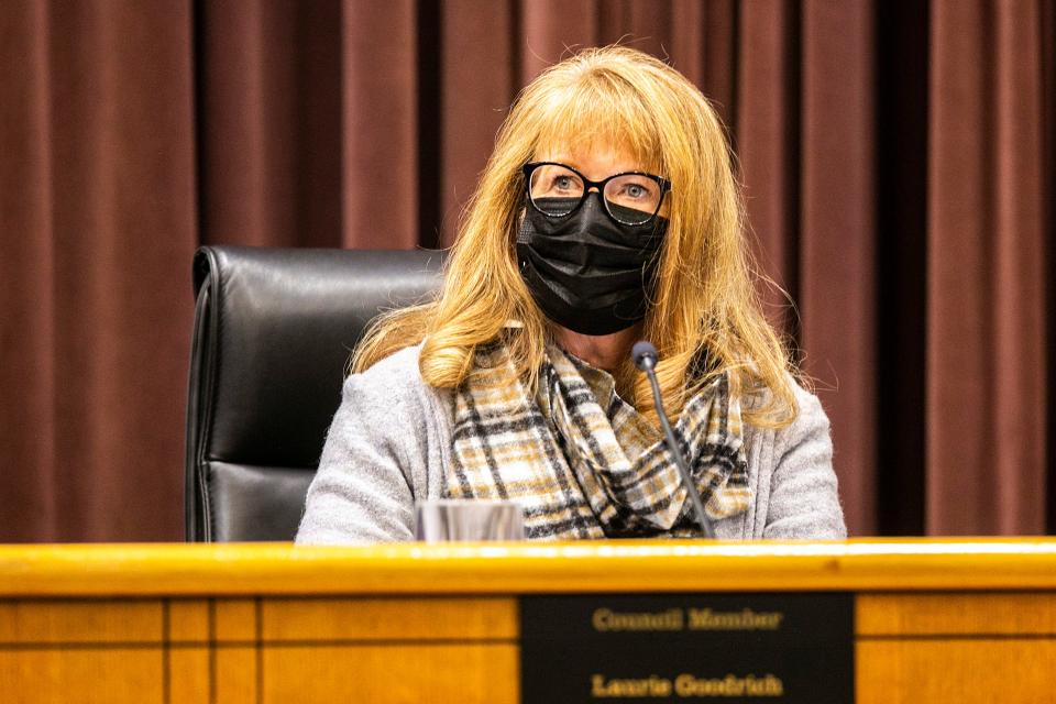 Coralville City Councilor Laurie Goodrich listens during a meeting, Tuesday, Oct. 26, 2021, at City Hall in Coralville, Iowa.