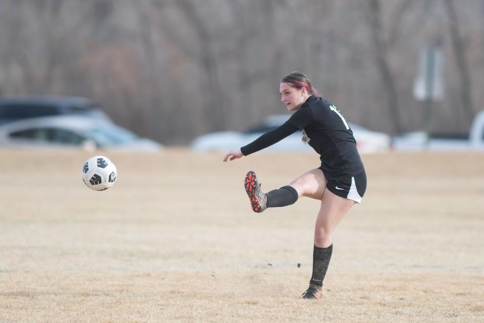 Pueblo South's Joely Raio clears the ball during a matchup with Pueblo County on Tuesday, March 14, 2023.