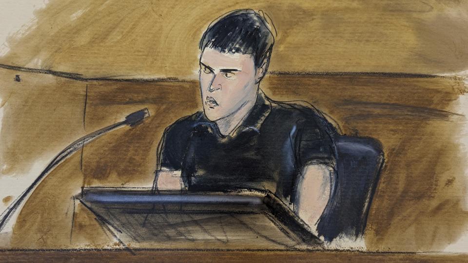 In this courtroom sketch, Nicolas Erlij, a victim of the bike path attack by Sayfullo Saipov, presents his victim impact statement in the sentencing phase of Saipov's trial, Wednesday, May 17, 2023, in federal court in New York. Saipov was given 10 life sentences and another 260 years in prison on Wednesday for killing eight people with a truck on a bike path in Manhattan and severely injuring 18 others. (AP Photo/Elizabeth Williams)