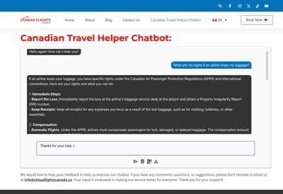 Screenshot of the Canadian Travel Helper AI Chatbot on the CheapFlightsCanada.ca website, providing information on passenger rights under the Canadian Air Passenger Protection Regulations (APPR) when luggage is lost by an airline. The chatbot outlines immediate steps to report the loss and keep receipts for expenses, as well as details on compensation for domestic flights. (CNW Group/Cheap Flights Canada)