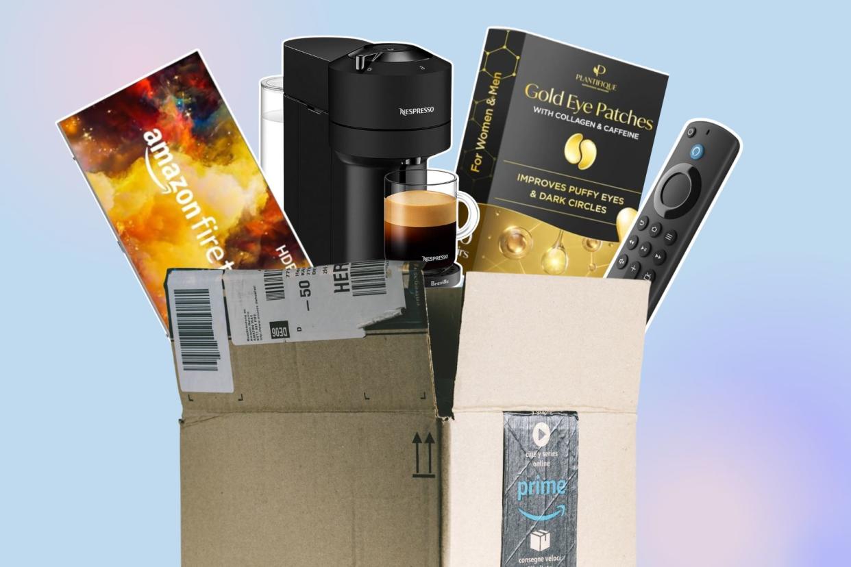 an amazon box with a fire tv, nespresso, eye masks and a fire tv stick coming out of it, early october prime day deals