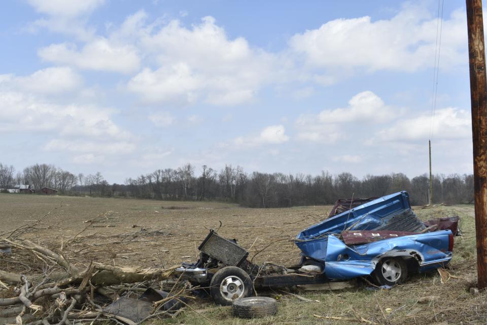 A truck owned by Calvin Bowman destroyed by the March 31 tornado in Owen County.