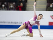 Rinka Watanabe of Japan performs her free skate program at the Skate Canada International figure skating competition in Mississauga, Ontario, on Saturday, Oct. 29, 2022. (Paul Chiasson/The Canadian Press via AP)