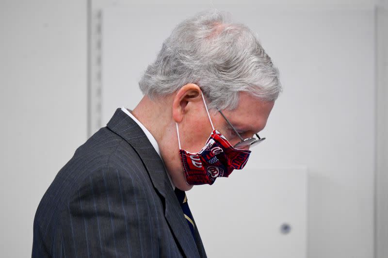 U.S. Senate Majority Leader McConnell waits for a subway car in the U.S. Capitol in Washington