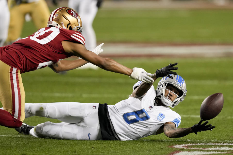 San Francisco 49ers cornerback Ambry Thomas breaks up a pass intended for Detroit Lions wide receiver Josh Reynolds during the second half of the NFC Championship NFL football game in Santa Clara, Calif., Sunday, Jan. 28, 2024. (AP Photo/David J. Phillip)