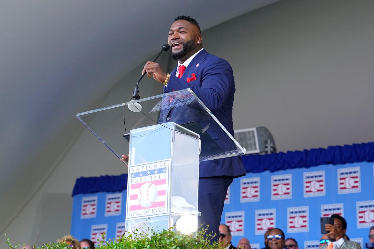 David Ortiz gives his acceptance speech during the Baseball Hall of Fame Induction Ceremony on July 24, 2022.