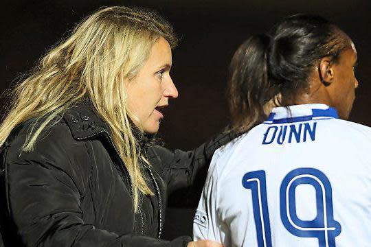 In the running | Chelsea coach Emma Hayes (left, in conversation with Crystal Dunn) would be an obvious choice for England job: Chelsea FC via Getty Images