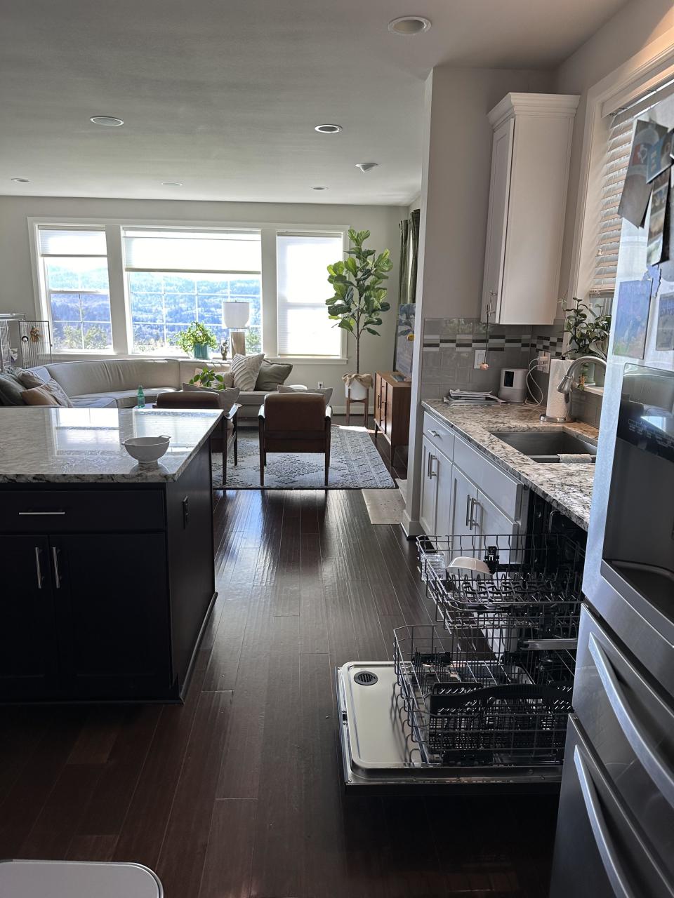 Modern open-concept kitchen and living room with stainless steel appliances, island with chairs, sofa, armchairs, plants, and natural light from large windows