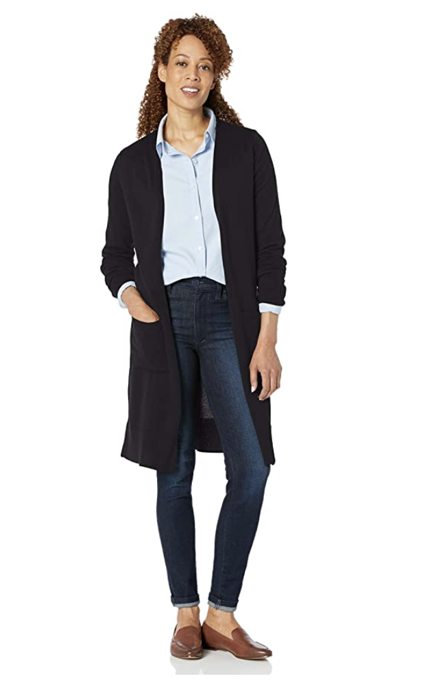 black model with curly hair wearing Amazon Essentials Women's Lightweight Longer Length Cardigan in Black