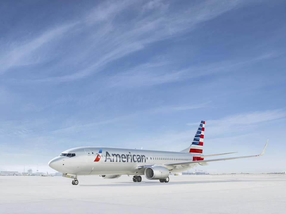 A rendering of an American Airlines jet parked on the tarmac