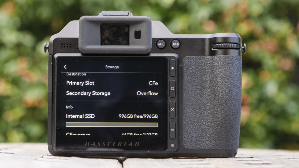 The Hasselblad X2D 100C camera rear screen showing internal SSD