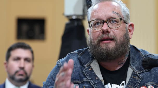 PHOTO: Jason Van Tatenhove, who served as national spokesman for the Oath Keepers and as a close aide to Oath Keepers founder Stewart Rhodes, testifies before the Jan. 6 Committee on Capitol Hill, July 12, 2022. (Kevin Dietsch/Getty Images)