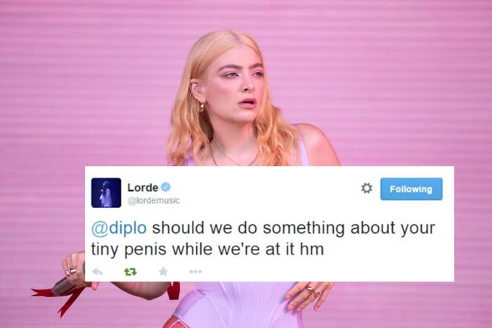 A photo of Lorde performing on stage, and a screenshot of a tweet from her to Diplo that reads "Shall we do something about your tiny penis while we're at it hm"