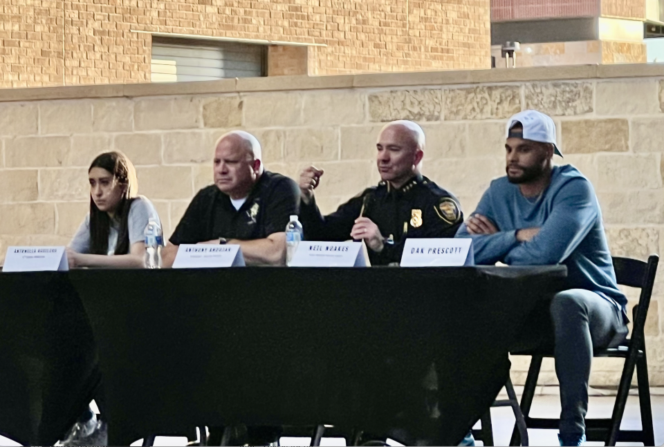 L to R: Cowboys QB Dak Prescott, Fort Worth police chief Neil Noakes, Dallas police sergeant Anthony Andujar and ninth grader Antonella Aguilera joined a May 25 panel Prescott organized to build trust between law enforcement and youth.