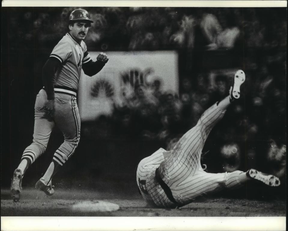 Cardinal Keith Hernandez  was safe at first in the seventh inning when Mike Caldwell tumbled trying to get a relay throw and over first base during the 1982 World Series.