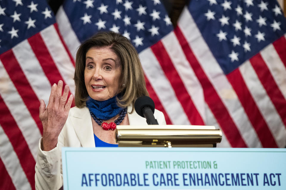 House Speaker Nancy Pelosi of Calif., speaks during news conference unveiling the Patient Protection and Affordable Care Enhancement Act on Capitol Hill in Washington on Wednesday, June 24, 2020. (AP Photo/Manuel Balce Ceneta)