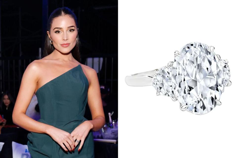 Olivia Culpo is a triple threat, and her ring from NFL star Christian McCaffrey — featuring a central oval flanked by two side stones — proves it. Score your own dream trio with <a href="https://www.londonjewelers.com/norman-silverman-platinum-three-stone-diamond-ring" rel="nofollow noopener" target="_blank" data-ylk="slk:Norman Silverman’s three-stone diamond ring in platinum,;elm:context_link;itc:0;sec:content-canvas" class="link ">Norman Silverman’s three-stone diamond ring in platinum, </a>$421,210. Stefanie Keenan/Getty Images for Cash App