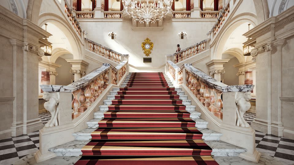 This grand staircase is one of the standout features at Raffles London at The OWO, which is scheduled to open in late September. - The OWO