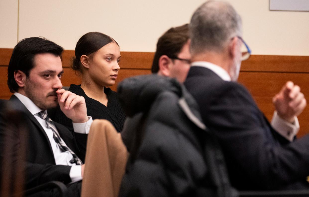 Marizah Thomas, 19, sits with her defense team on Wednesday, Jan. 17, 2024, in a Franklin County Common Pleas courtroom, where she is on trial for aggravated murder and other charges. Thomas is accused of fatally shooting 17-year-old Jayce O'Neal on July 12, 2021 during an argument outside Thomas' home on Columbus' Far West Side.