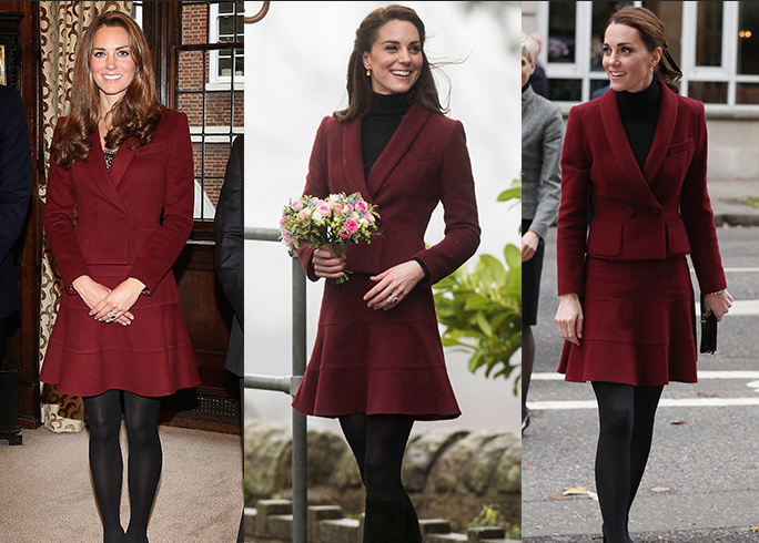<p>Kate Middleton is the queen of repeating outfits—a move that signals practicality and frugality, which aren't adjectives one usually associates with the monarchy. Hey, when you find something as good as this burgundy set, you gotta wear it more than once.</p>