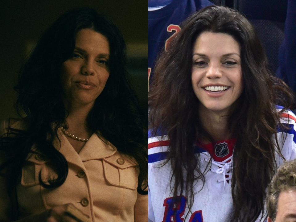 left: carmen gutierrez in griselda, wearing a thick button up shirt, pearls, and her hair worn long; right: vanessa ferlito at a rangers game, wearing a jersey and smiling with her hair worn long