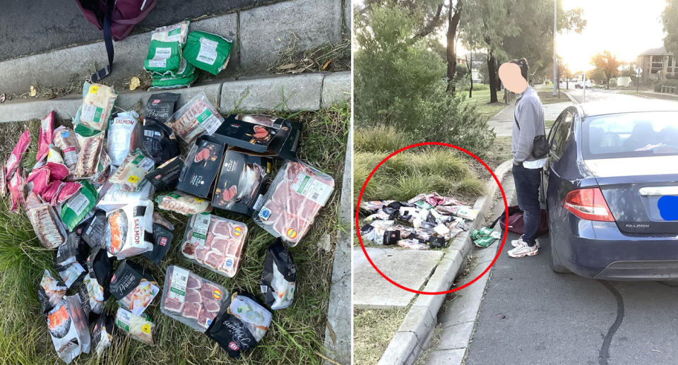 Stolen Coles meat on side of Melbourne road with man standing next to his car.