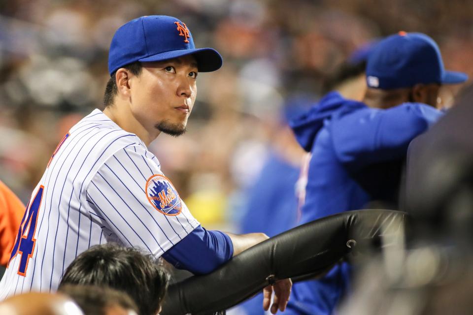 Aug 13, 2023; New York City, New York, USA; New York Mets starting pitcher Kodai Senga (34) looks at the scoreboard in the fifth inning against the Atlanta Braves on Aug. 13, 2023, at Citi Field.