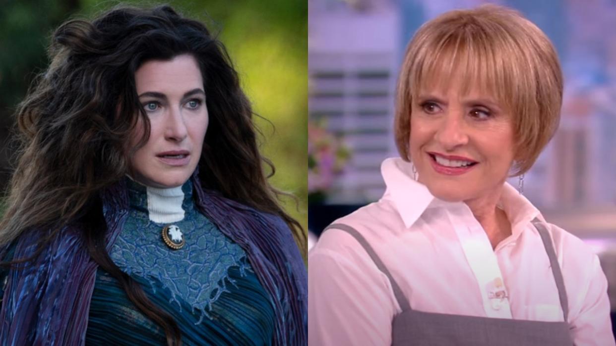  From left to right: Kathryn Hahn as Agatha in WandaVision and Patti LuPone on The View 