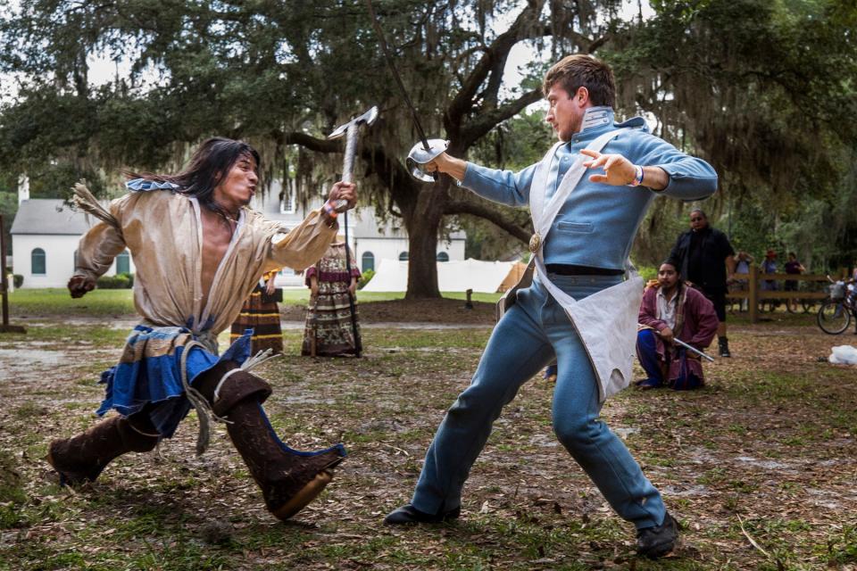 Seminole War weapons demonstration, Osceola's warrior legacy at the Folklife Stage during the Florida Folk Festival at Stephen Foster State Park at White Springs in 2017.