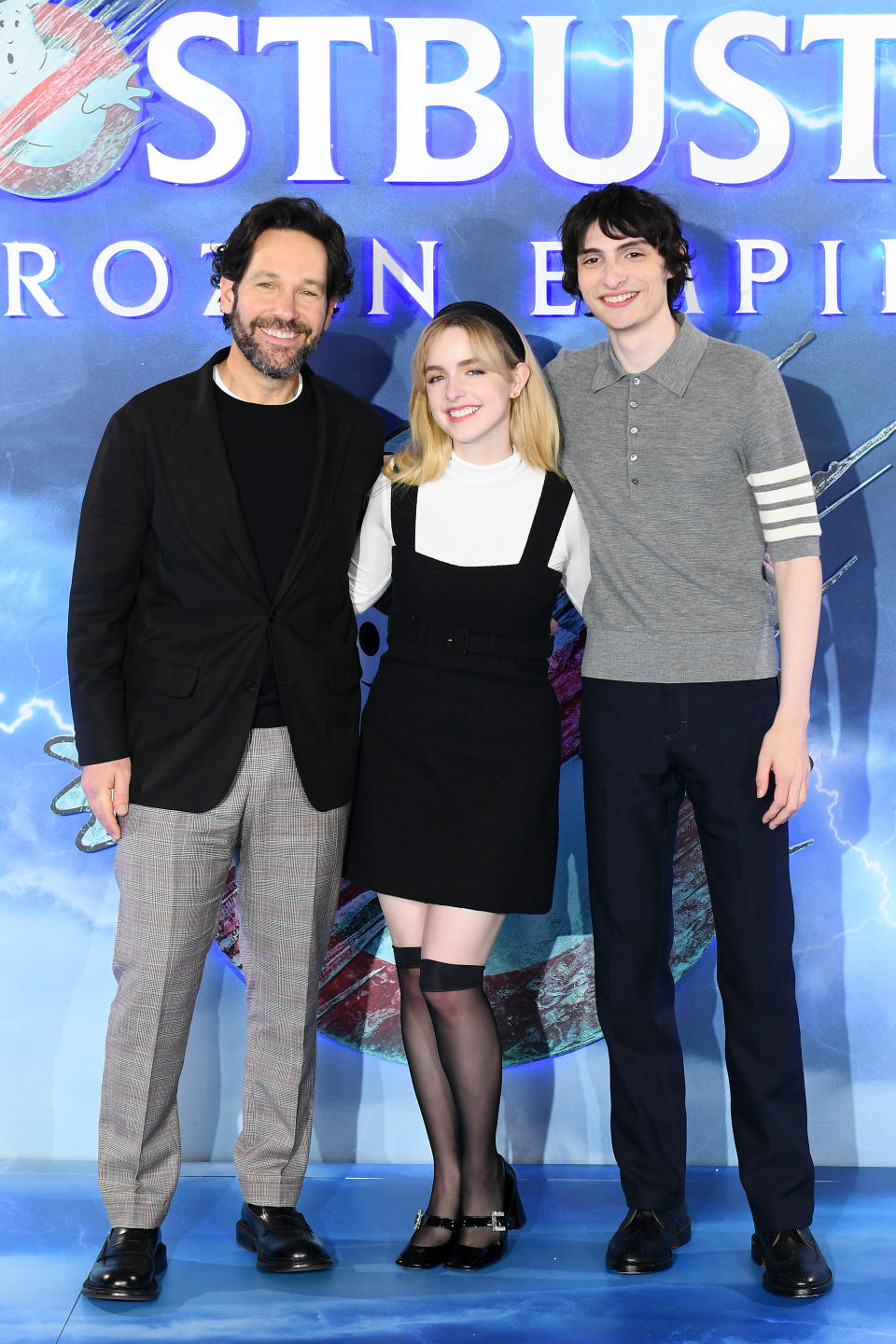 LONDON, ENGLAND - MARCH 21: Paul Rudd, Mckenna Grace and Finn Wolfhard attend the photocall for "Ghostbusters: Frozen Empire" at Claridge's Hotel on March 21, 2024 in London, England. (Photo by Joe Maher/Getty Images)